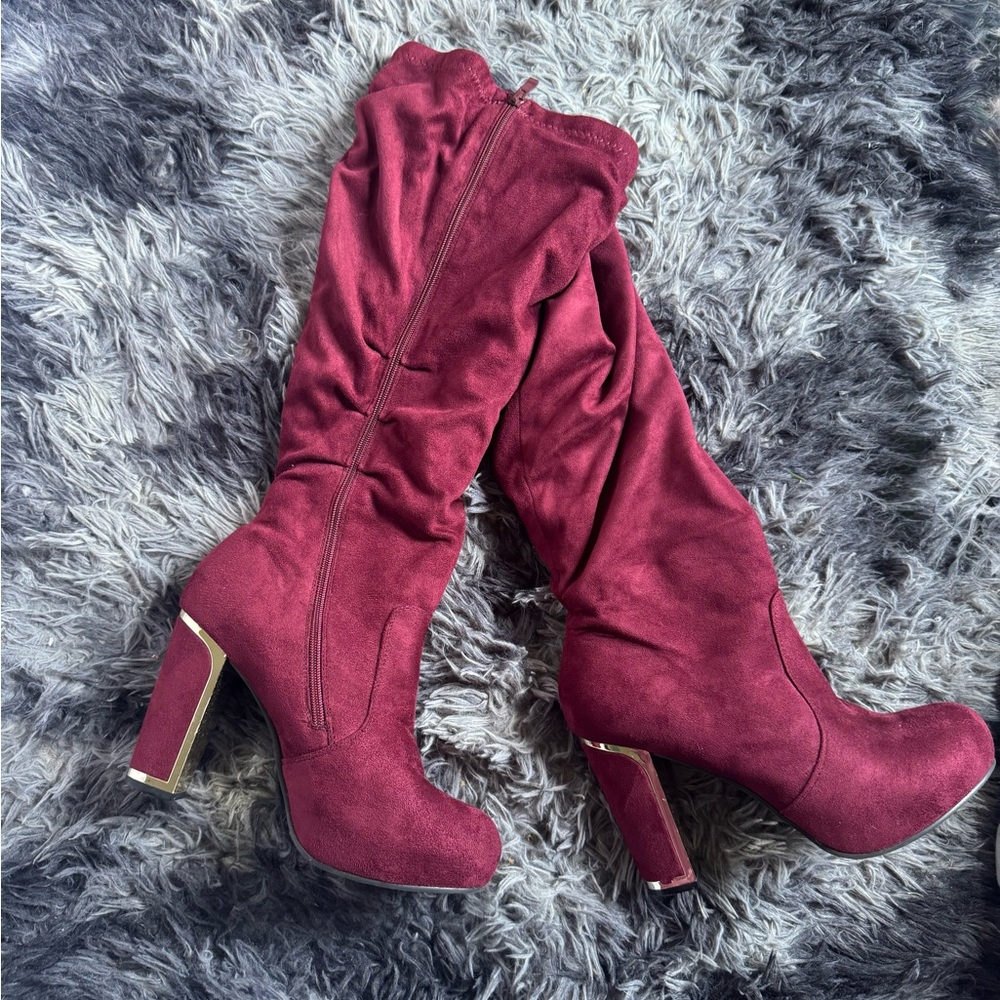 Women's Burgundy Suede High Heel Knee Boots
